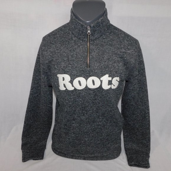 ROOTS Mens M Gray Salt & Pepper 1/4 Zip Fleece Lined Pullover Sweater Spellout - Picture 13 of 13